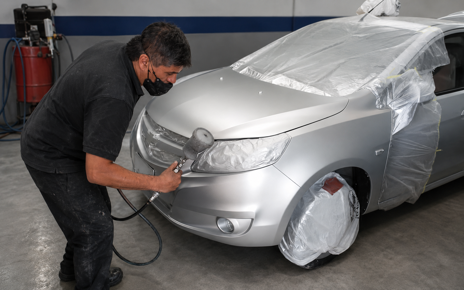 Guardabarros de un Chevrolet Cobalt con la masilla trabajada antes de pintar